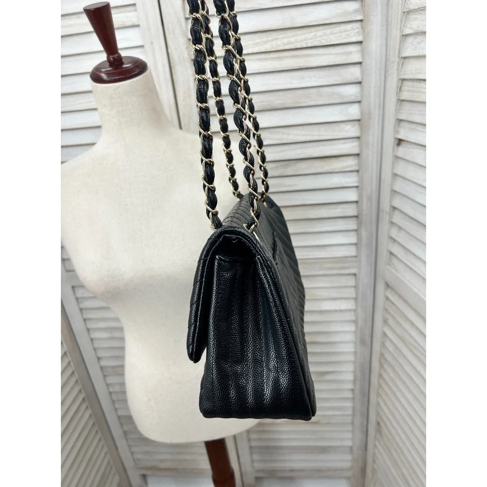 Black Quilted Flap Bag Large Purse Convertible Chevron Minimalist lux